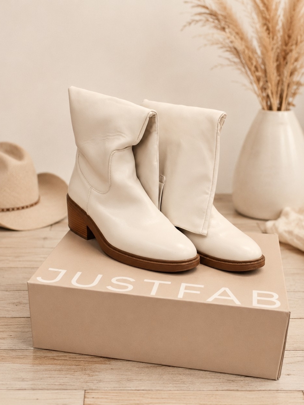 JustFab Cream Slouchy Mid-Heel Ankle Boots